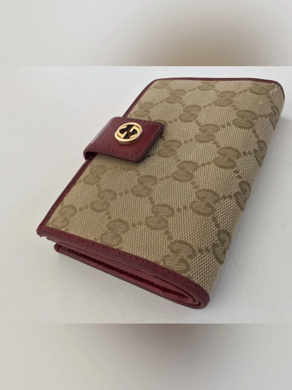 Gucci GG Canvas & Red Leather Continental Wallet Gold Tone Interlocking G Logo - Picture 2 of 10